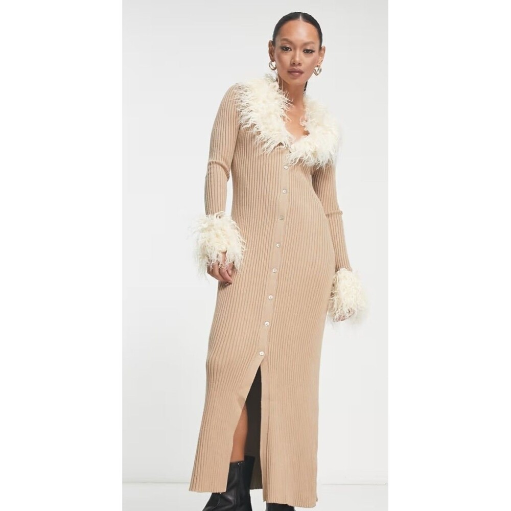 Emma & Posh Choco Milk Brown Ribbed Cardigan Dress White Faux Fur Trim Sz S NWT